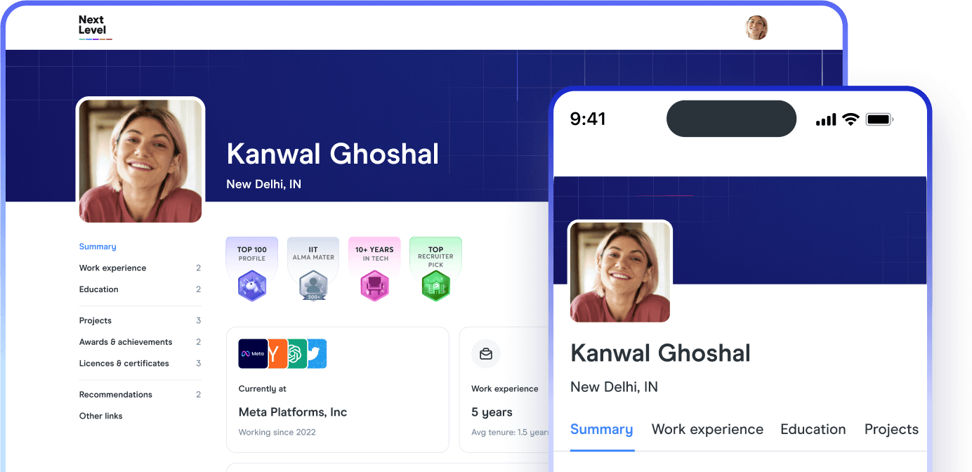NextLevel candidate profile on web & mobile